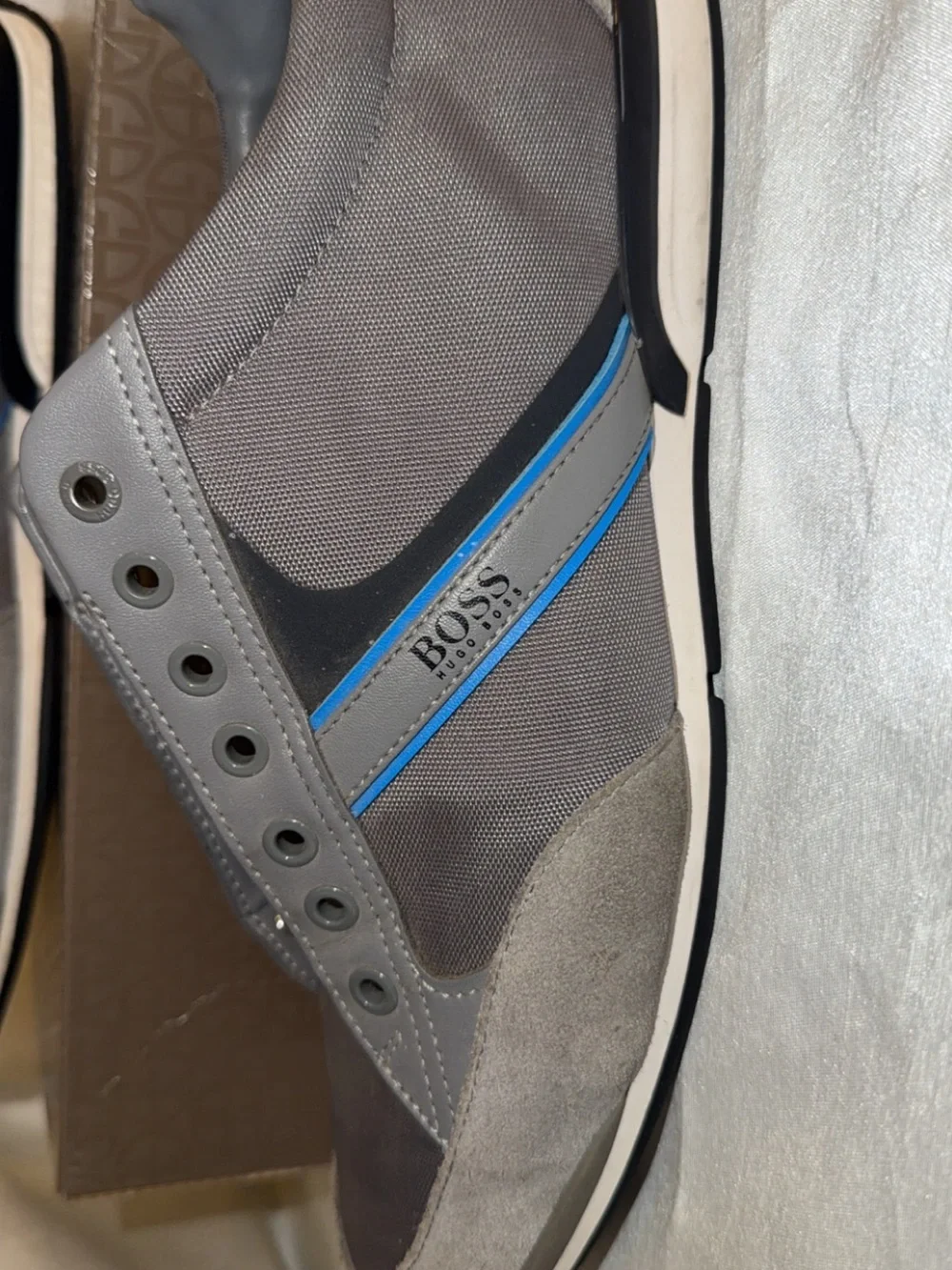 Hugo Boss Men's Gray Suede & Mesh Sneakers Blue Accent Casual Shoes